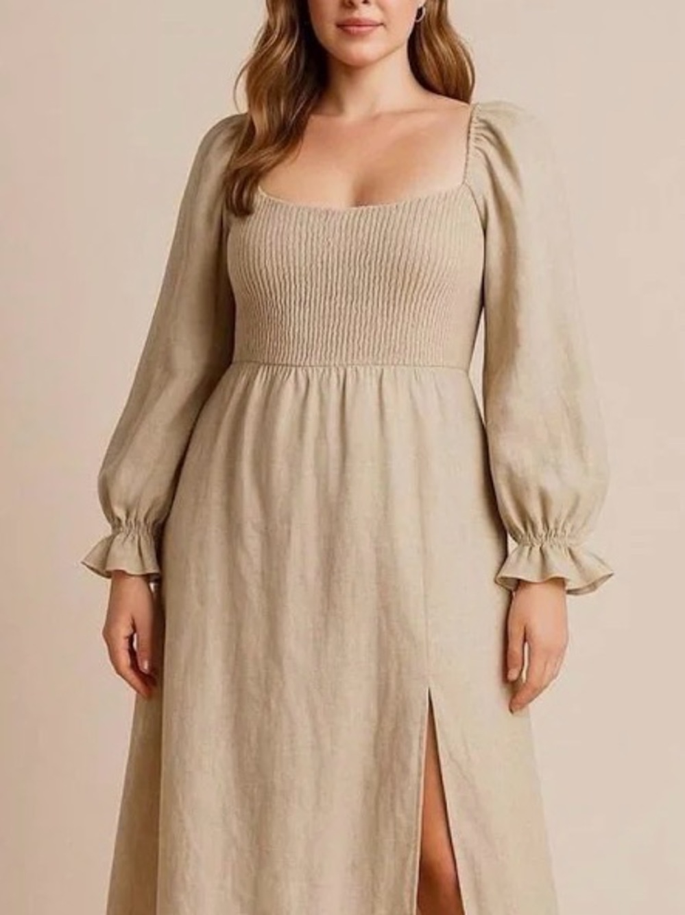 Reformation Neutral linen  Beige Smocked Square Neck Long Sleeve Dress